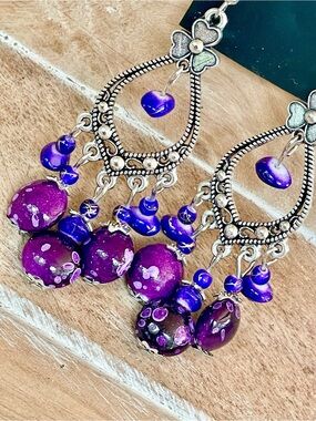 Handcrafted Silver-Tone Purple Bead Chandelier Earrings - Women Jewelry